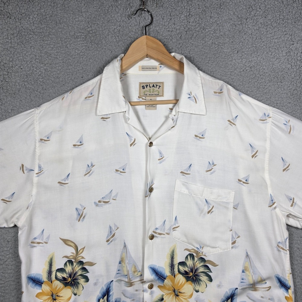 Vintage Splatt Hawaiian Shirt Mens Size XL Ivory Floral Open Collar Relaxed Fit - Picture 2 of 10